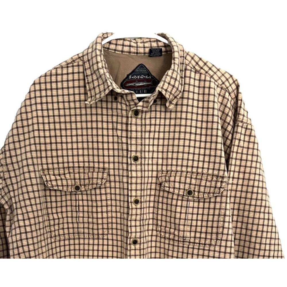 FRYDAY Club Shirt Mens XL Beige Brown Plaid Barracudas Outdoor Fishing Pocket‎